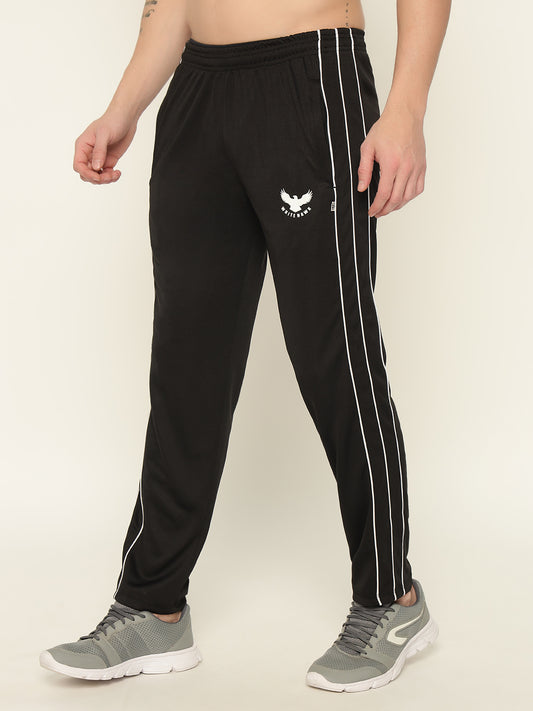 Black Polyester Elastic & Striped Regular Fit Trackpant For Men - White Hawk