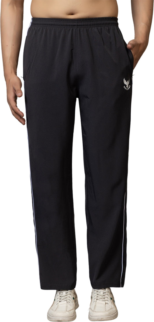 Black Lycra Blend Elastic & Striped Regular Fit Trackpant For Men - White Hawk