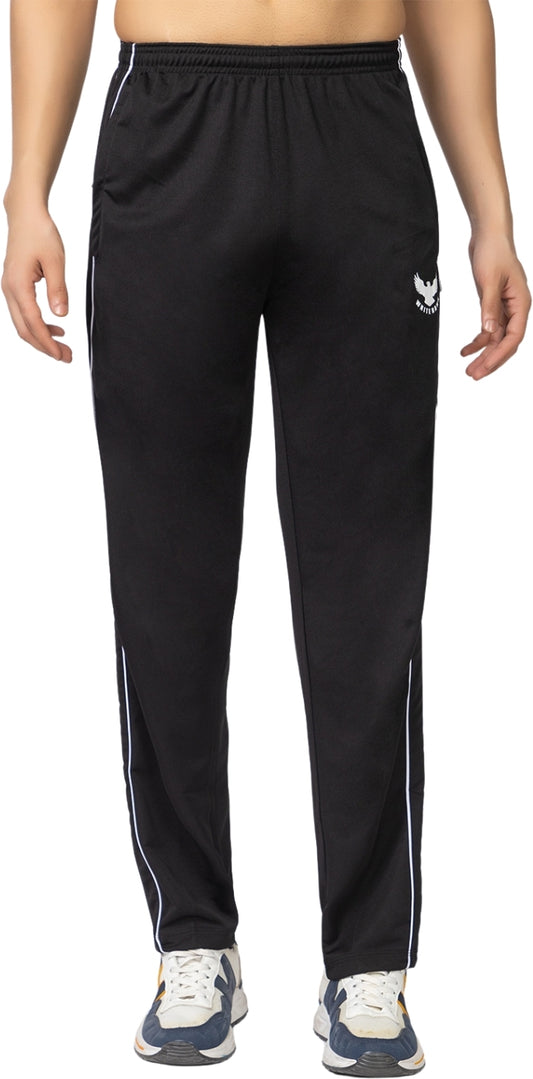 Black Polyester Elastic & Striped Regular Fit Trackpant For Men - White Hawk