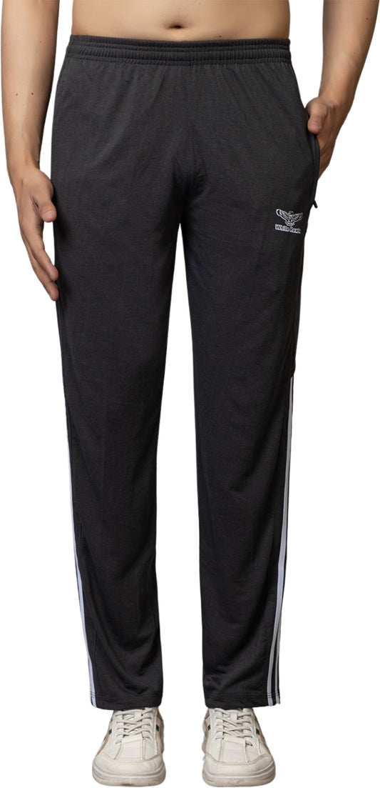 Black Cotton Blend Elastic & Striped Regular Fit Trackpant For Men - White Hawk