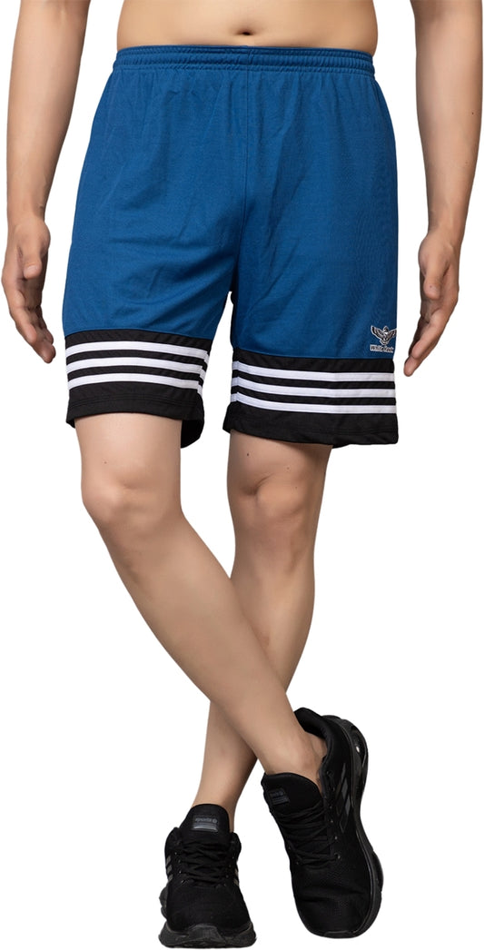 Blue Lycra Blend Elastic & Striped Regular Fit Shorts For Men - White Hawk