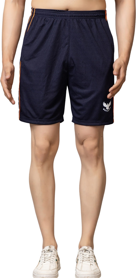 Dark Blue Polyester Elastic & Striped Regular Fit Shorts For Men - White Hawk
