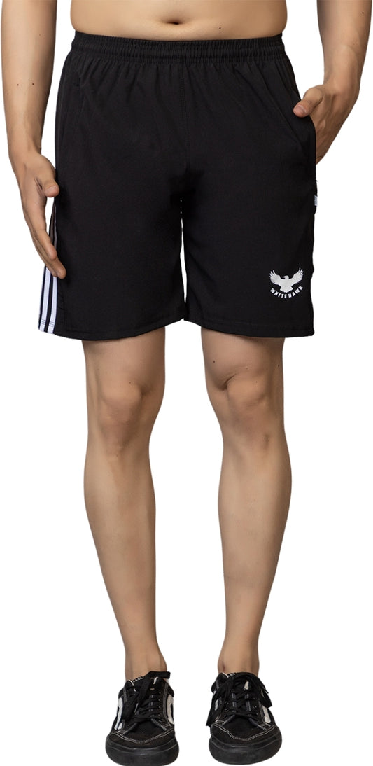 Black Lycra Blend Elastic & Striped Regular Fit Shorts For Men - White Hawk