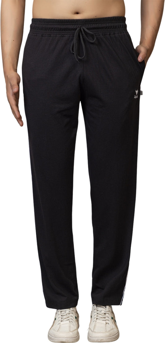 Black Cotton Blend Elastic & Striped Regular Fit Trackpant For Men - White Hawk