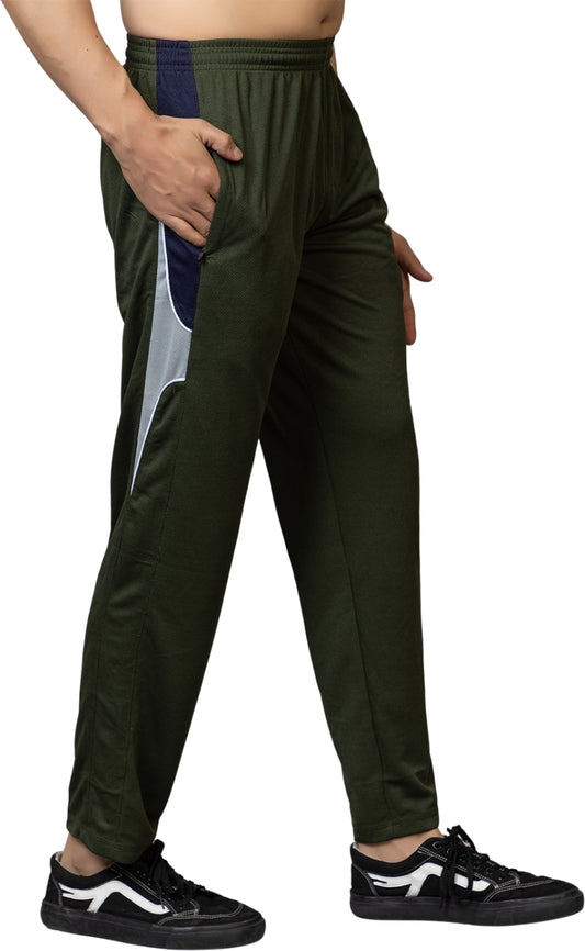 Olive Polyester Elastic & Striped Regular Fit Trackpant For Men - White Hawk